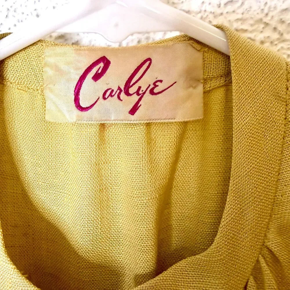 Vintage 1950s/60s Carlye Yellow Linen Dress Rhinestone Buttons Velvet Leaf Sz S - Picture 8 of 9